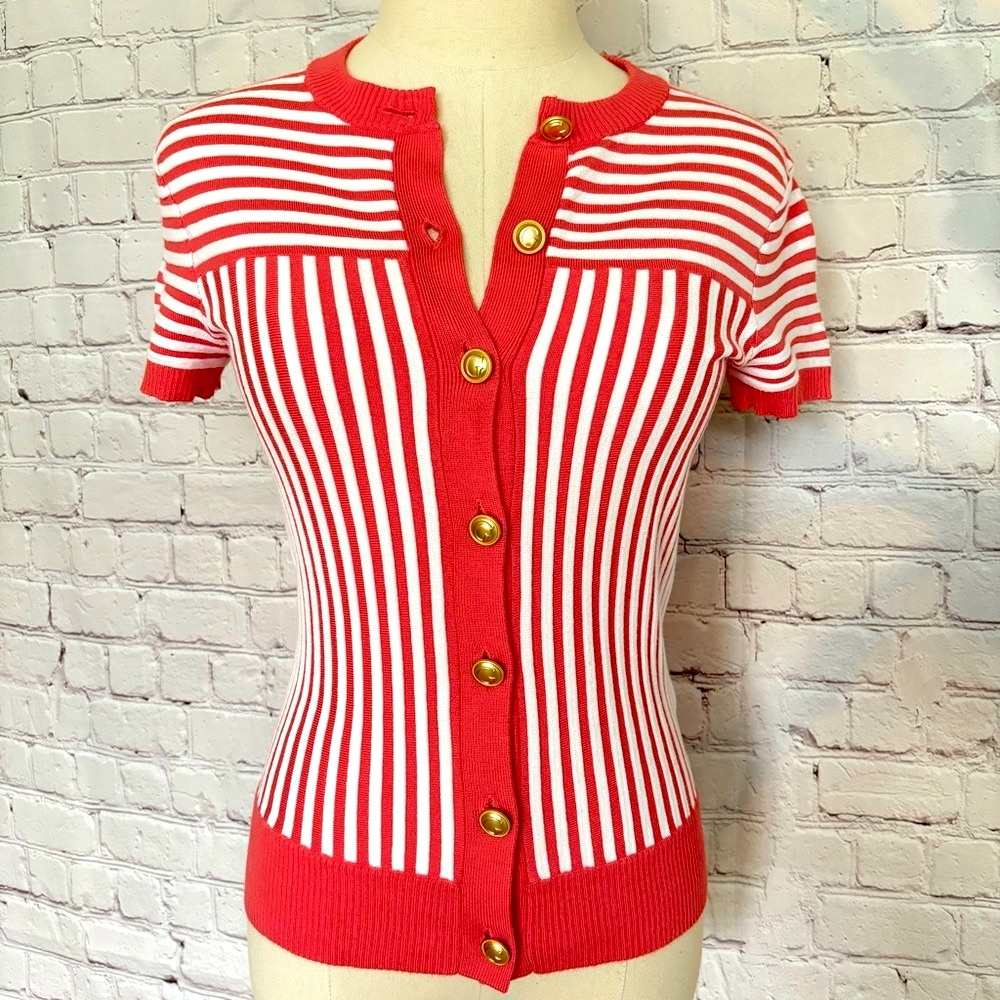 GUESS Viera Coral Striped Short Sleeve Gold Buttons Sweater Top--NWT--S